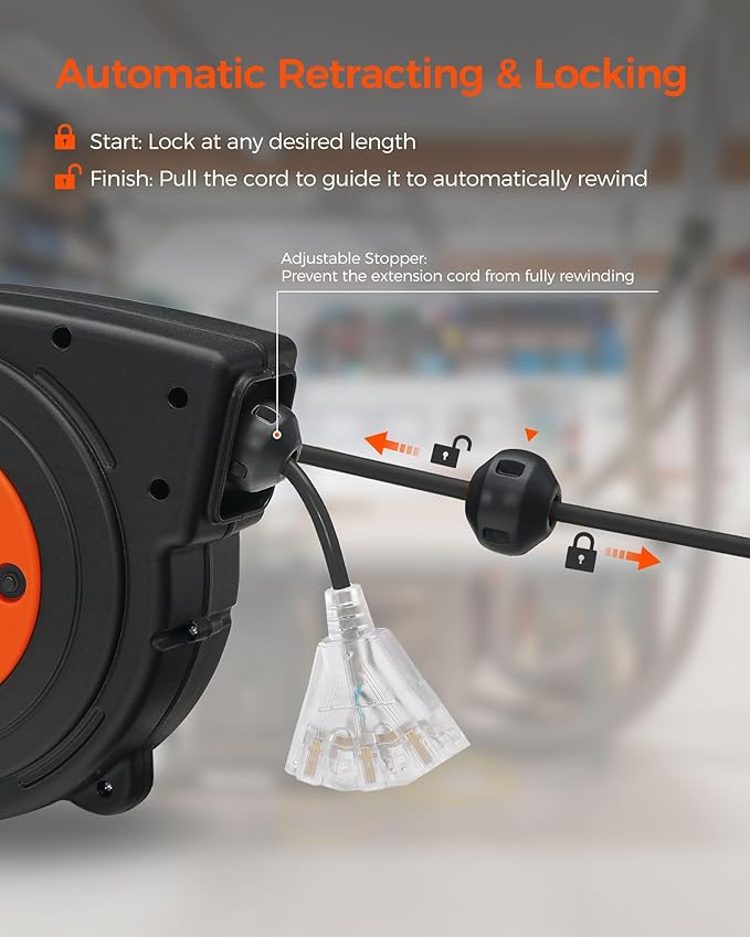 Retractable Extension Cord Reel, 45 FT Heavy Duty Power Cord, 12AWG/3C SJTOW, 3 Grounded Outlets Lighted Triple Tap, 15 Amp Circuit Breaker, UL Listed, Orange B45CR06