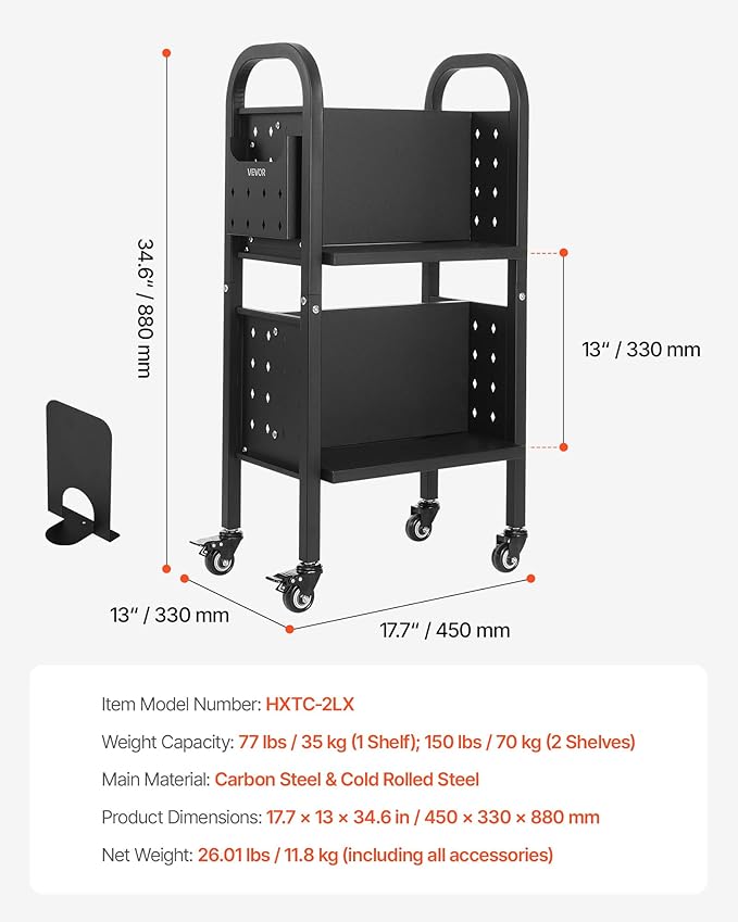 VEVOR Rolling Library Book Cart, 150 lbs Capacity, 17.7 x 13.0 x 34.6-Inch Library Cart, Double Sided L-Shaped Shelves with 2-Inch Lockable Wheels, Book Truck for Home Shelves Office and School, Black