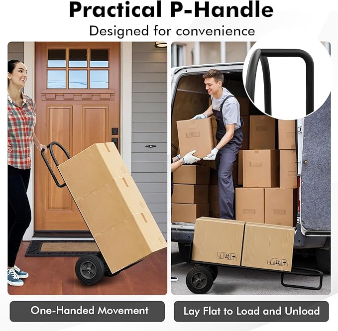 Goplus Hand Truck, P-Handle Hand Truck Dolly with Vertical Loop Handle, 10” Wheels, 15” x 9” Foldable Nose Plate, 660 LBS Capacity, Heavy Duty Metal Dolly Cart for Lifting, Moving, Delivery, Stairs