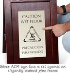 SmartSign (2-Pack) Premium Bilingual 'Caution Wet Floor' Wooden A-Frame Standing Floor Sign, 2-Sided, 24" x 15", Hardwood Pine Frame, 120 mil Silver ACM Sign, Black on Silver, USA-Made