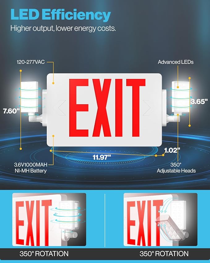 Sunco Exit Signs With Emergency Lights, Two Adjustable LED Lights With Backup Battery, Red, 94V-0 Fire Resistant, 120-277V, Wall Or Ceiling Mount, Commercial Grade UL 2 Pack.