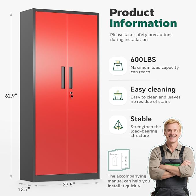 Greenvelly 63" H Metal Storage Cabinet Black Red, Locking Metal Cabinet, Store Tools, Clothes, Tableware and Toiletries, Garage Cabinets with Adjustable Shelves for Office, Home, Garage, Pantry