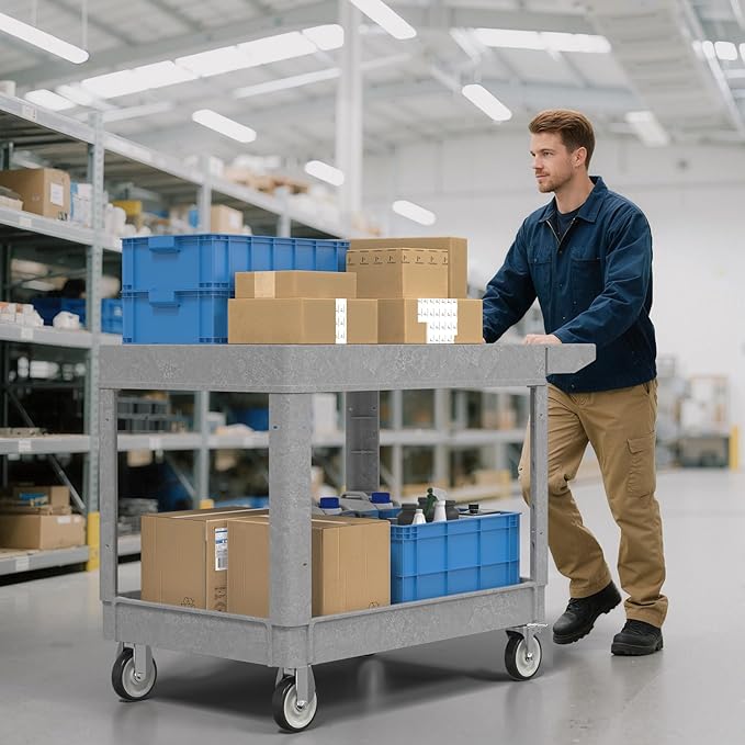 550LBS Utility Cart, Flat Top 46x25 Inch Utility Cart with Wheels,Heavy Duty Service Cart-Lipped Shelves,Ergonomic Storage Handle and Swivel Wheels for Warehouse, Garage, Cleaning,Gray