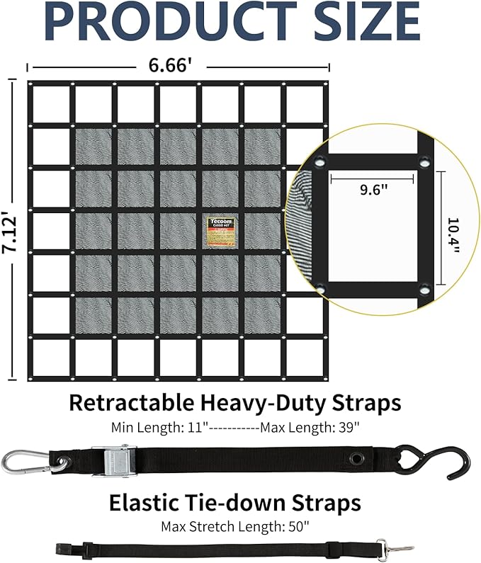 Tecoom Truck Bed Cargo Net, 7.12'x6.66' Heavy Duty for Pickup Truck Bed with Adjustable Cam Buckles, 4 S-Hooks, 2 Cross Strap, 1,500 lbs Capacity Accessory