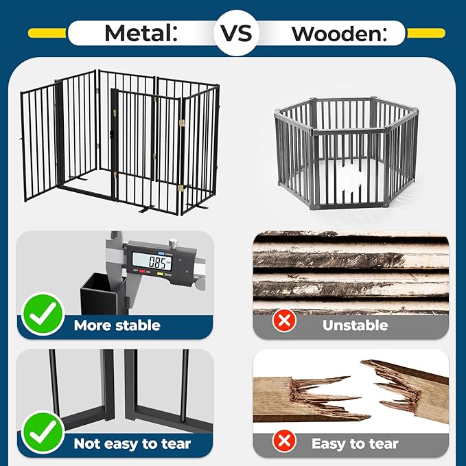 Metal Freestanding Dog Gate Outdoor-6 Panels with Door, Extra Wide Foldable Pet Fence with Pet Monitor Adapter, 32'' Height Tall Dog Gate for Doorways, Stairs, Hallways, Yard, Indoor
