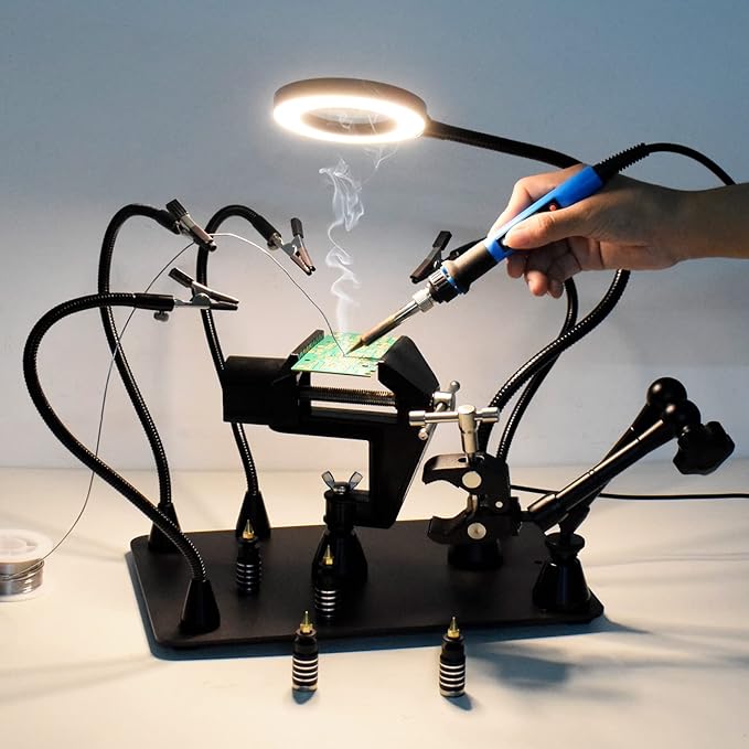 Magnetic Helping Hands Soldering Third Hand, PCB Circuit Board Holder with 3X LED Magnifying Lamp, 360 Hot Air Gun Holder, Extra Large & Heavy Duty Base Plate | Flexible Arms for Soldering Station
