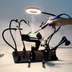 Magnetic Helping Hands Soldering Third Hand, PCB Circuit Board Holder with 3X LED Magnifying Lamp, 360 Hot Air Gun Holder, Extra Large & Heavy Duty Base Plate | Flexible Arms for Soldering Station