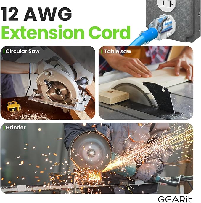 GEARit Outdoor 12 AWG Gauge 3 Prong Plug, Extension Cord, Ultra Heavy Duty SJEOW, 12/3, for Indoor/Outdoor, LED Lighted Plug, Resistant Rubber Jacket, Extreme Weather, 100 Feet, Blue