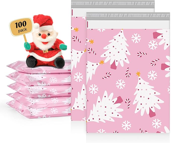 Metronic Christmas Poly Mailers 10x13" 100 Pack, Pink Christmas Tree Shipping Bags for Clothes, Cute Snowflake Shipping Envelopes Mailers Poly Bags Small Packaging Mailing Bags for Small Business