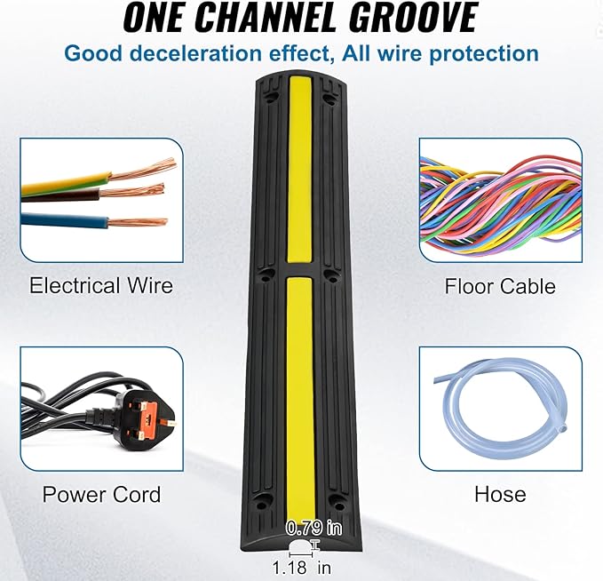 VEVOR 3.28 ft Cable Protector Ramp, 4 Pack of 1 Channel, 18000 lbs/axle Capacity Heavy Duty Rubber Speed Bumps, Floor Cord Cable Protector Wire Cover, for Residential Areas, Private Garages, Gardens