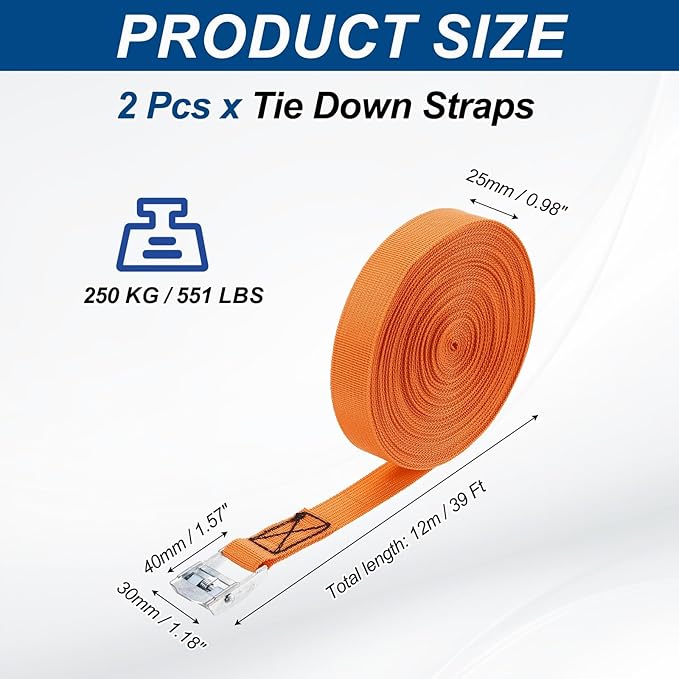 PATIKIL Lashing Straps 1" x 39 Ft, 2 Pcs Tie Down Strap Cam Buckle Adjustable Ratchet Straps 551 lbs for Cargo Trucks Motorcycle Luggage, Orange