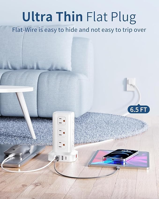 Power Strip Tower, 16.5 Ft Flat Plug Extension Cord, 16 in 1 Power Bars with Surge Protector, Power Tower Bar with 12 AC Multiple Outlets 4 USB (1 USB C)