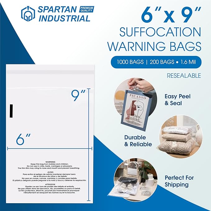 Spartan Industrial - 6” X 9” (200 Count) Self Seal Clear Poly Bags with Suffocation Warning for Packaging, T Shirts & Shipping- Resealable Glue