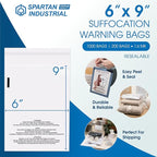 Spartan Industrial - 6” X 9” (200 Count) Self Seal Clear Poly Bags with Suffocation Warning for Packaging, T Shirts & Shipping- Resealable Glue