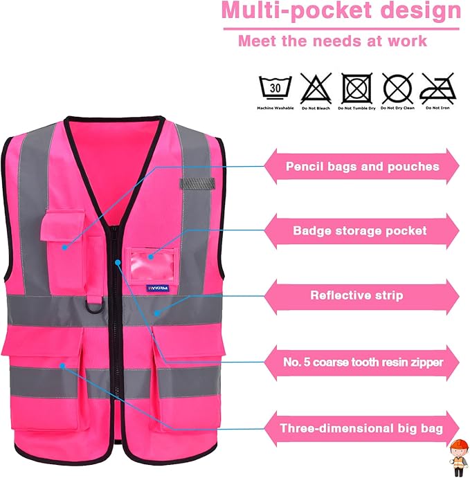 6XL 7XL 8XL Pink Safety Vest with pocket, Pink 6XL-8XL