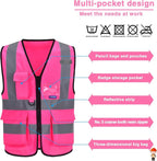 A-SAFETY 7 Pockets Hi Viz Zipper Front Working Safety Vest with Reflective Strips, Multiple Colors Available, Pink 4XL-5XL