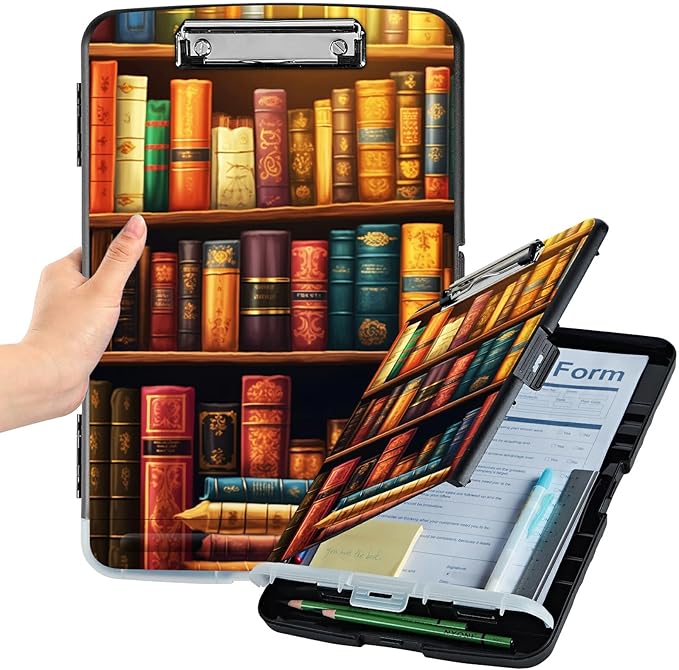 File Clipboard Storage with Pen Holder High Capacity Plastic Nursing Clipboards File Folder Storage Box Clipboard with Heavy Duty Clips for Teacher,Doctor,Offices-Vintage Bookshelf