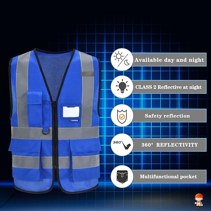A-SAFETY Blue Safety Vest Reflective Work Vest,Hi Vis Bright Neon Color with 4 Reflective Strips 7 Pockets,XXL
