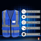 A-SAFETY Blue High Visibility Reflective Safety Vest,Hi Vis Bright Neon Color with 4 Reflective Strips 8 Pockets,X-Large