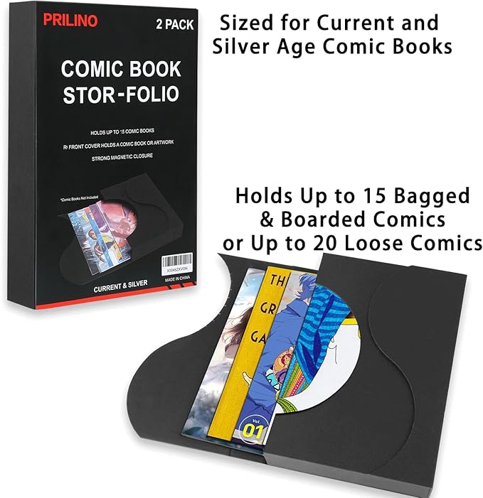 2-Pack Black Comic Book Stor-Folio - Storage Box for Current and Silver Age Comics, Portable Folio With Strong Magnetic Closure, Ideal for Conventions