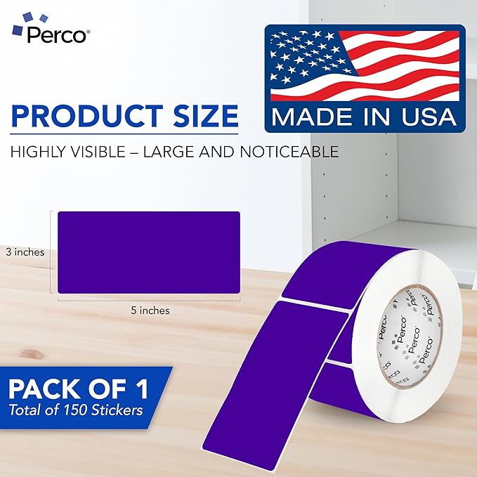 Perco Purple 3x5 Inch Perforated Sticker Labels — 150 Stickers/Roll — with Permanent Adhesive for Inventory Management, Color Coding, Moving Boxes, Retail, Organizing, Crafting & More — Made in USA