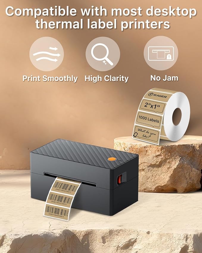 iEager 2x1 Inch Thermal Labels, Brown Rectangle Thermal Printer Stickers, Durable Shipping Label Printer Sticker for Barcode, Name, Address, 1000 Labels/Roll