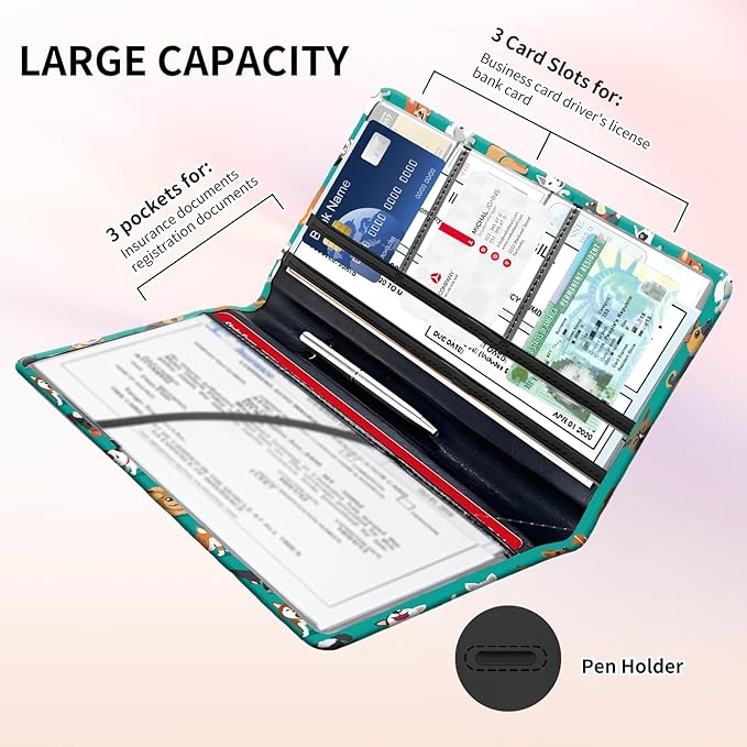Premium Car Registration and Insurance Card Holder, Cute PU Leather Car Document Holder, Vehicle Glove Box Car Organizer with Magnetic Closure for Driver License, Cards Colorful Cute Dogs