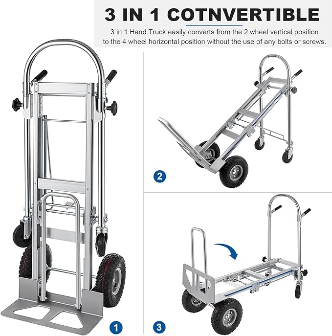 3in1 Aluminum Hand Truck,Convertible Hand Truck Dolly Large Size 1000 lb Capacity, Utility Cart Converts from Hand Truck to Platform Cart with 10" Hi Tech Rubber Wheels