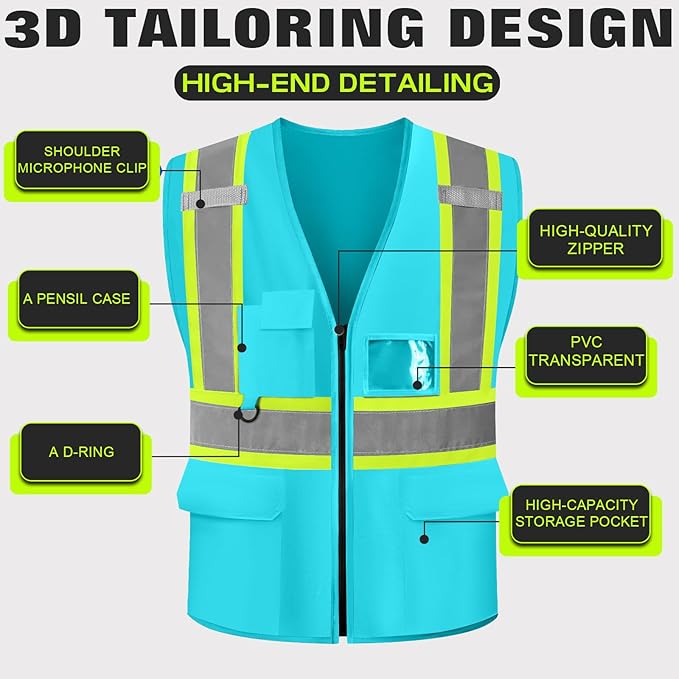 Safety Vest Customize Logo with 5 Pockets & Zipper Reflective High Visibility Vest Class 2 Outdoor Workwear