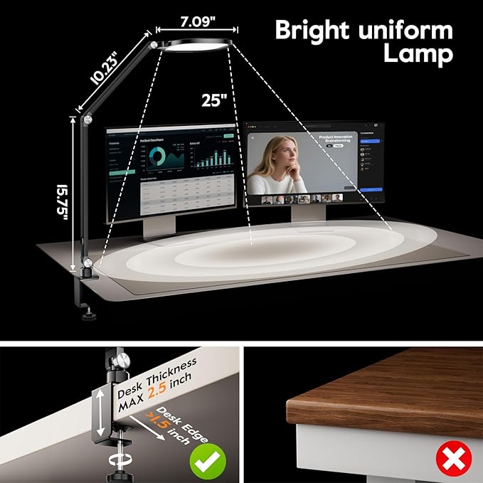 Desk Lamps for Home Office, Eye-Caring Led Desk Light with Clamp, Dimmable Zoom Lighting with 3 Colors & 10 Brightness, Computer Ring Lights for Video Calls,Conference Meeting, Reading, CRI>95