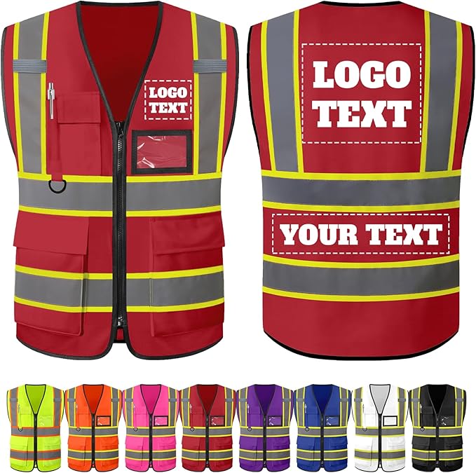 Custom Safety Vest with Logo Personalized High Visibility Vest Reflective for Men with Pockets Zipper Construction Workwear