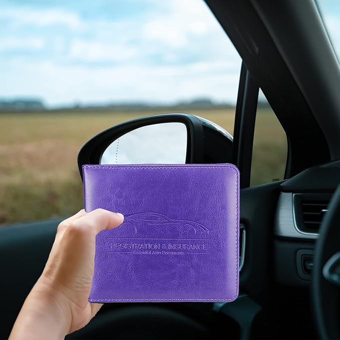 Car Registration and Insurance Holder, Premium Pu Leather Vehicle Glove Box Organizer - for Driver License, Cards & Essential Documents (S-Purple)