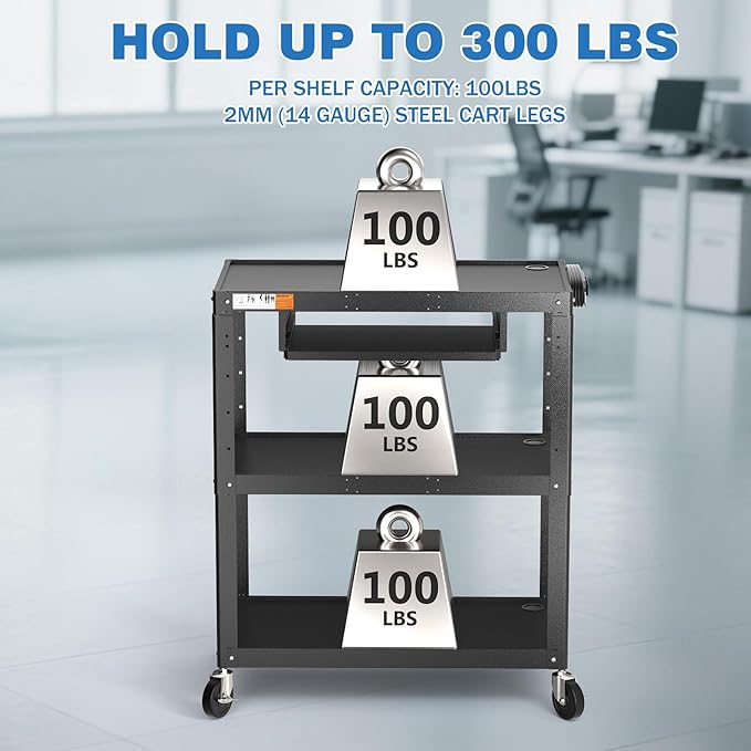 Extra Large Rolling Computer Cart with Power Strip - 3 Tier Steel Utility AV Cart with Wheels - Height Adjustable Mobile Workstation Media Carts for Presentation Office Classroom, 34" x 18" x 42"
