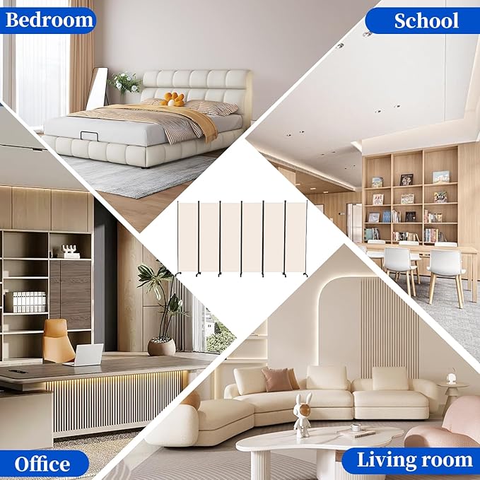 Room Divider 6FT Room Partition with Lockable Wheels, (Thicked Metal Base) Room Dividers, Freestanding Indoor Folding Privacy Screens, Portable Fabric Wall Divider for (Beige, 132"- 6 Panel)
