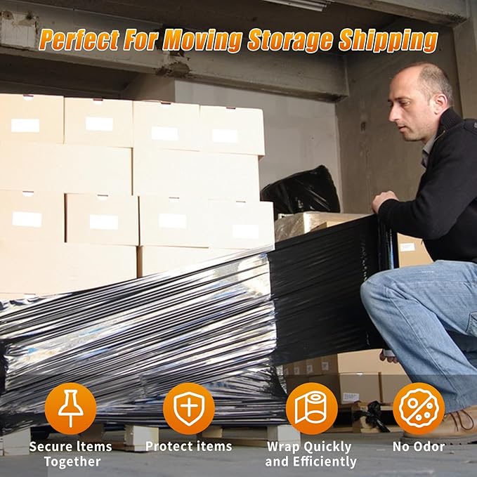 Black Stretch Film Shrink Wrap for Moving Supplies (15inch, 2 Pack) x 1000ft, Industrial Strength Plastic Wrap Stretch Roll for Pallet Wrapping Shipping Moving Boxes Storage Furniture with Handles