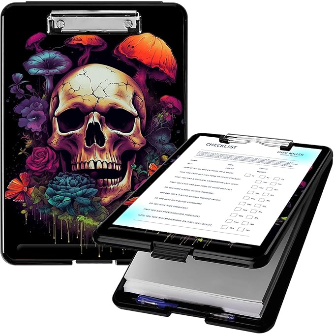 Clipboard with Storage, High Capacity Plastic Storage Clipboard with Pen Holder for Women Teachers Work, School & Office Supplies, Cute Pattern Decorative Clipboards, Flower Skull