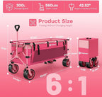 48" L Collapsible Beach Wagon Cart Foldable, 560LB Weight Capacity 300L Heavy Duty Folding Wagons with Big All-Terrain Wheels, Utility Carts for Groceries, Shopping, Camping, Sports - Pink