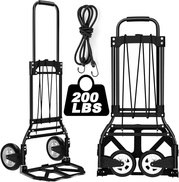LEVORY J Folding Hand Truck and Dolly, 200 LB Capacity Upgraded Aluminum Dolly Cart, Extended Handle Portable Dolly for Travel, Moving, Shopping, Office Use, Black