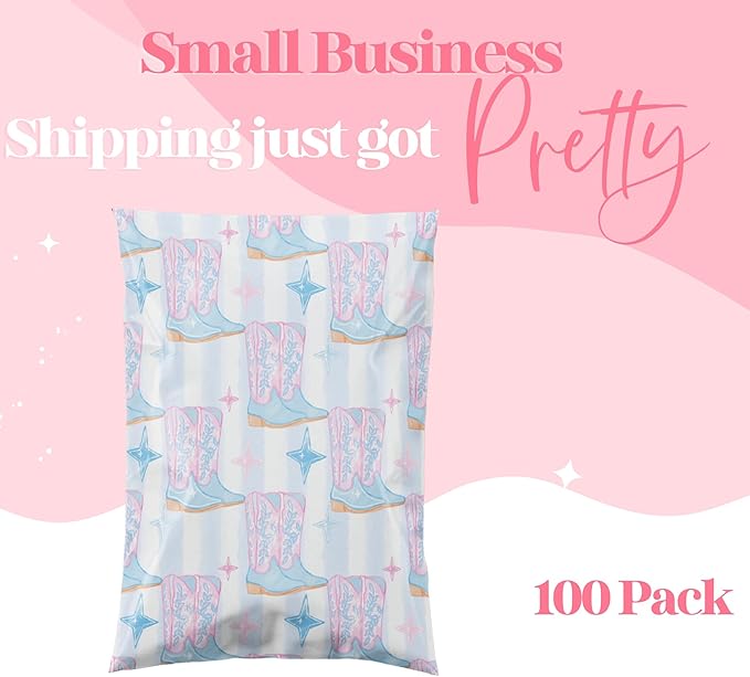 6x9 Designer Poly Mailer 100 Pack Heavy Duty Waterproof Self Seal Shipping Bags for Small Business Large Mailing Envelopes Bulk Tear Resistant Packaging Cowgirl Boots Western
