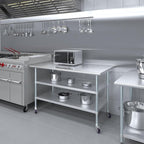 AmGood Stainless Steel Work Table with 2 Shelves and Casters | Metal Utility Table On Wheels (Stainless Steel Work Table with 2 Shelves + Casters, 60" Long x 30" Deep)