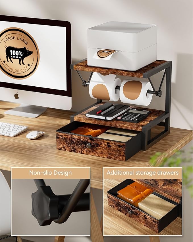 IBUYKE Label Holder for Rolls and Fan-Fold Labels,Wooden Thermal Shipping Label Stand With Drawer Desktop Printer Holder for Home, Office, Small Business,Brown TPS003H