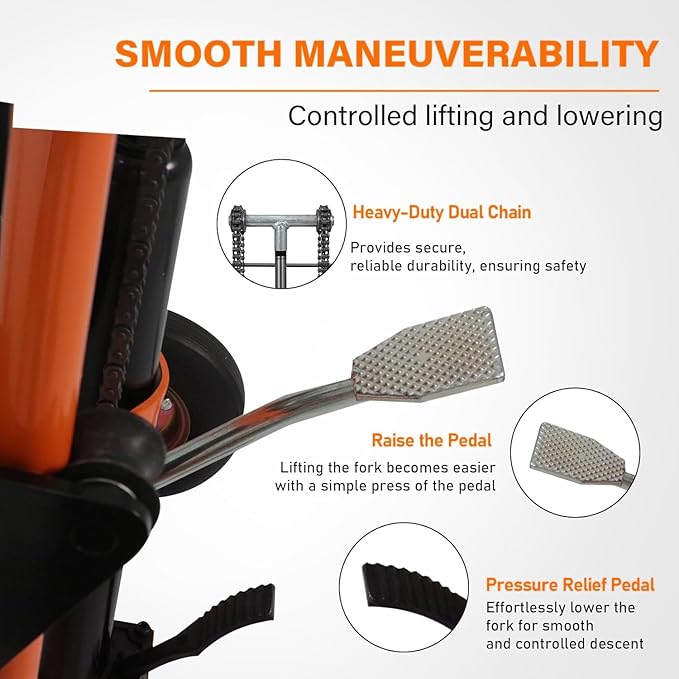 Material Lift Hydraulic Stacker, 440 lbs Capacity Hydraulic Table Cart, 35.8" Lifting Height Manual Forklift Stacker, Pallet Jack Truck Dolly with Swivel Casters and Lift Plate (Orange)