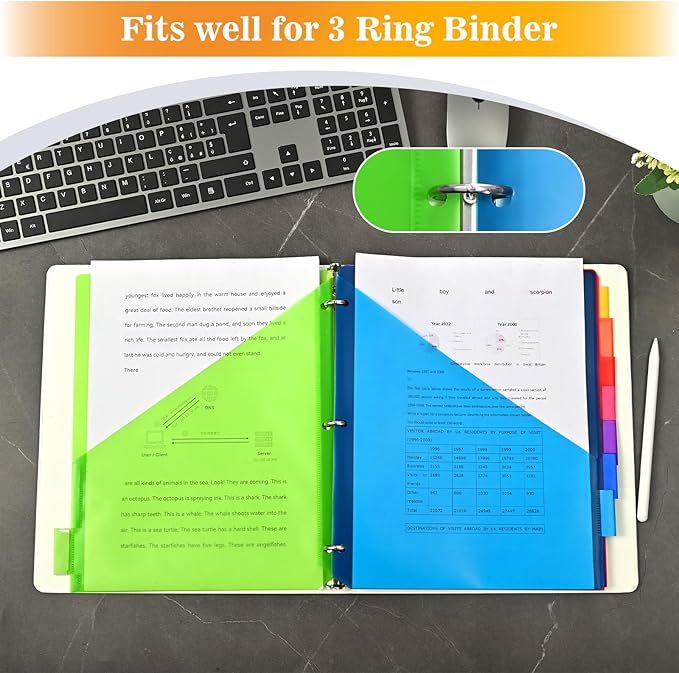8-Tab Dividers for 3 ring binder, 96 Count Binder Dividers with Pockets, Subject Dividers, 3-Hole Plastics Sheets Protectors for US Letter Size in 0.5", 1",2" Binders, Vibrant 8 Color, 12 Packs