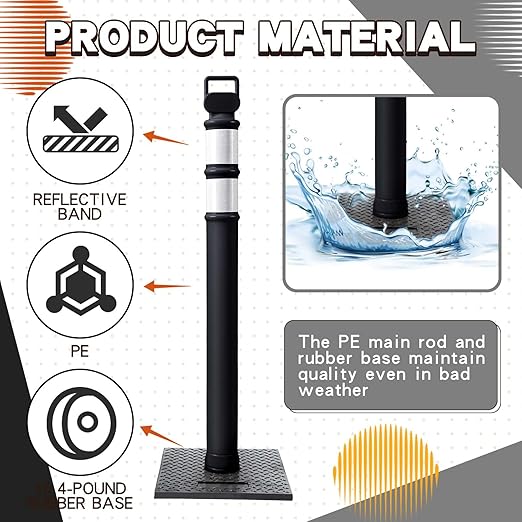 Kanayu 49 Inch Traffic Delineator Posts with 8.8 Lbs Rubber Base PE Delineator Post Portable Parking Pole Traffic Cone Barrier with Removable Base, Reflective Band(4 Packs,Black)