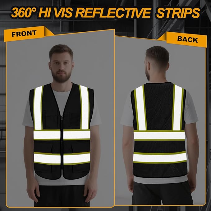 High Visibility Vest for Men Women 5 Pockets Safety Vest with Reflective Strips, Hi Vis Vest with Mesh Fabric, Breathable, (GR720-Black,M).
