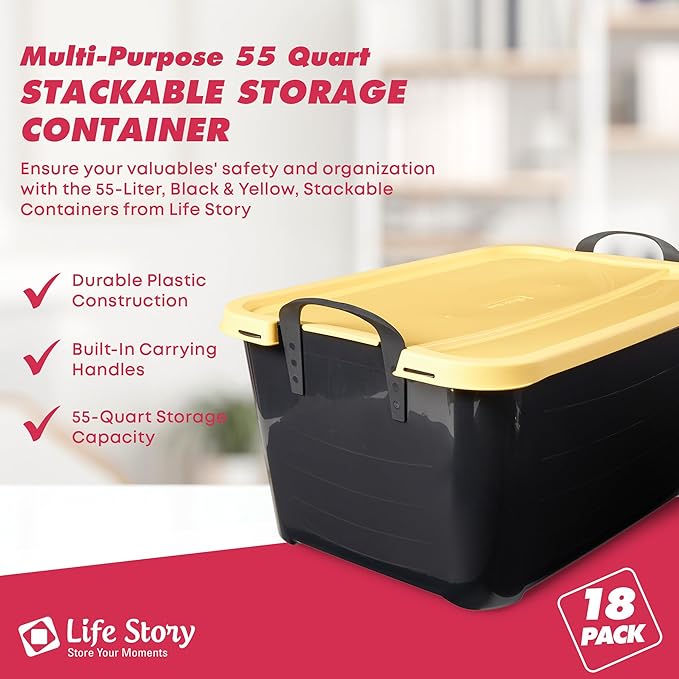 Life Story 12 Pack Heavy Duty Stackable Storage Bin, 55 Quart Home Organizer, Versatile Lightweight Locking Bins with Carrying Handles, Black/Yellow