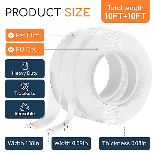 GLUIT Double Sided Tape Heavy Duty 10+10ft 2 Rolls – Double Stick Tape, Removable Washable Nano Gel Sticky Wall Tape, Multipurpose Poster Tape for Walls, Craft, DIY, Carpet & Car Use 17.5 lbs