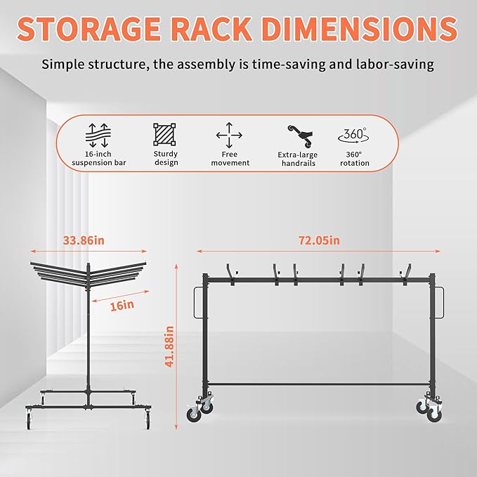 Folding Chair Rack Table and Chairs Storage Cart 400 LBS Capacity Heavy Duty Steel Mobile Dolly, 42 Chairs or 12 Tables Folding Chair on Wheels Storage Rack with Dust Cover & Elastic Cords