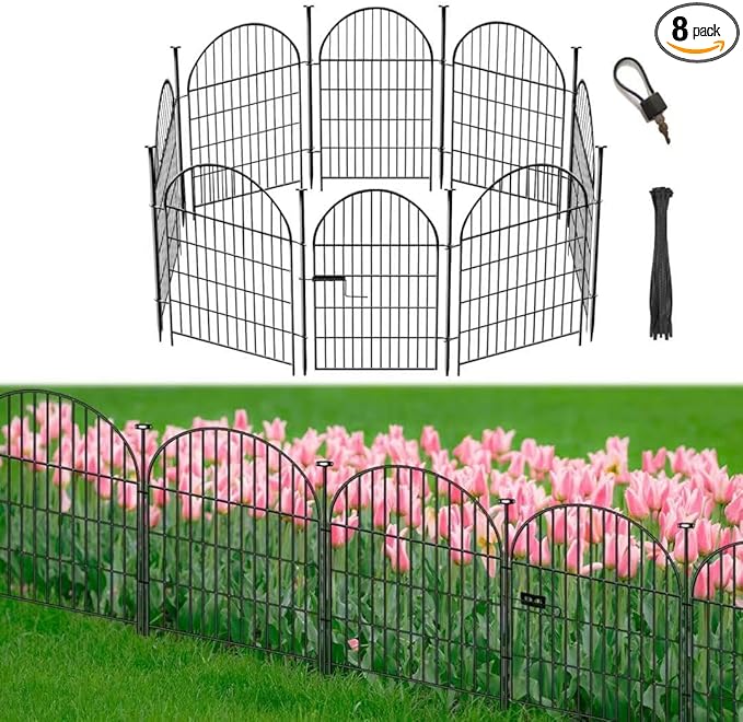 Garden Fence Border, 32 in(H) x17.5 Ft(L) 8 Panels, Tall Garden Animal Barrier Fence with Gate, Dog Fence Outdoor for Yard, Arched Rustproof Metal No Dig Fence, Flower Bed Fencing