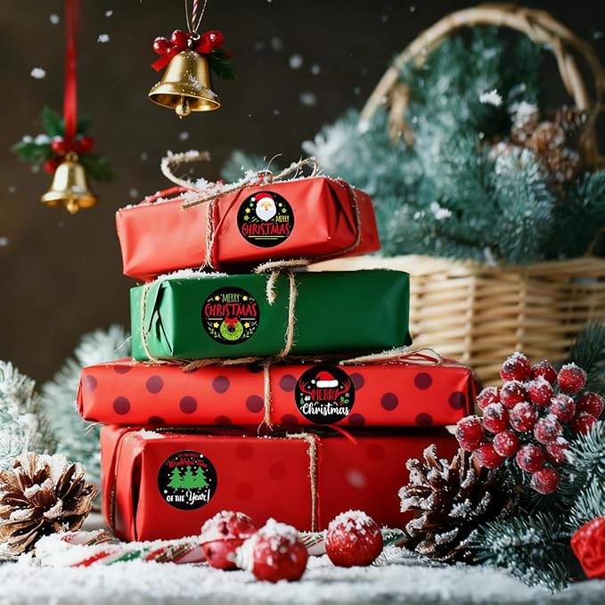 SHYGO® 1“ Christmas Labels Stickers, Round Merry Christmas Seals Xmas Decorative Stickers with Elk and Bells Elements for Envelope Gift Bag Box, 1000 Pcs 2 Rolls
